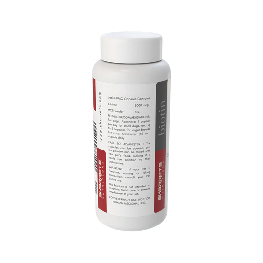 Biotin pet supplement label showing ingredients and dosage for dogs and cats