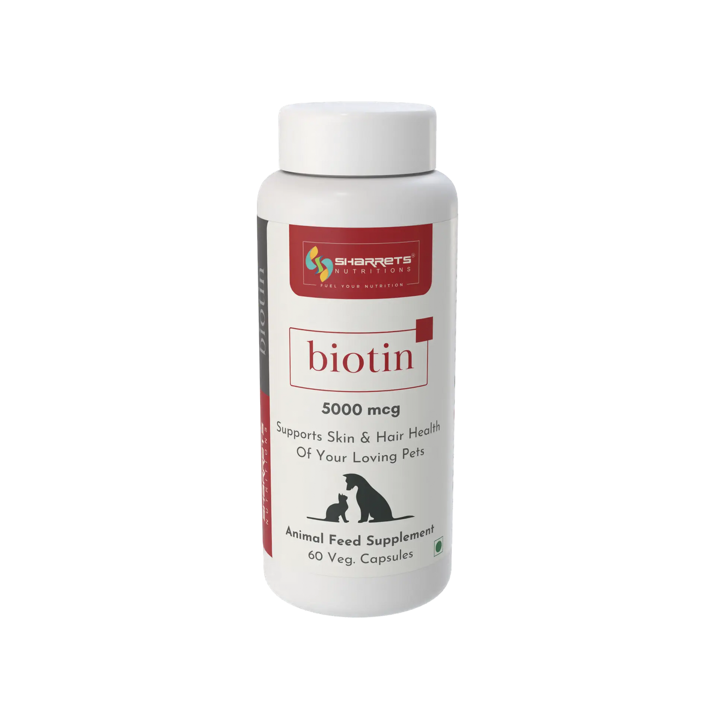 sharrets Biotin supplement bottle for pets on a white background