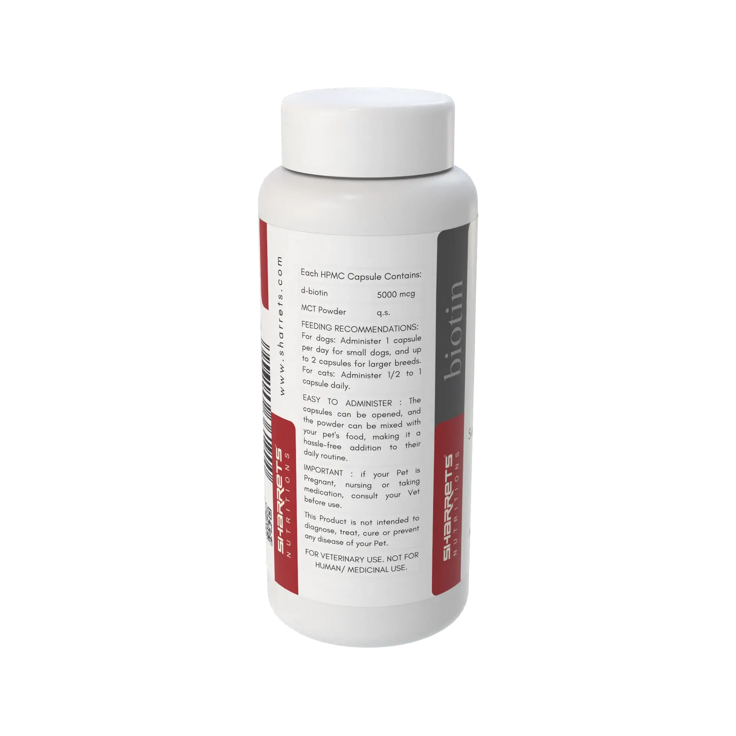sharrets biotin pets Supplement bottle with label on a white background