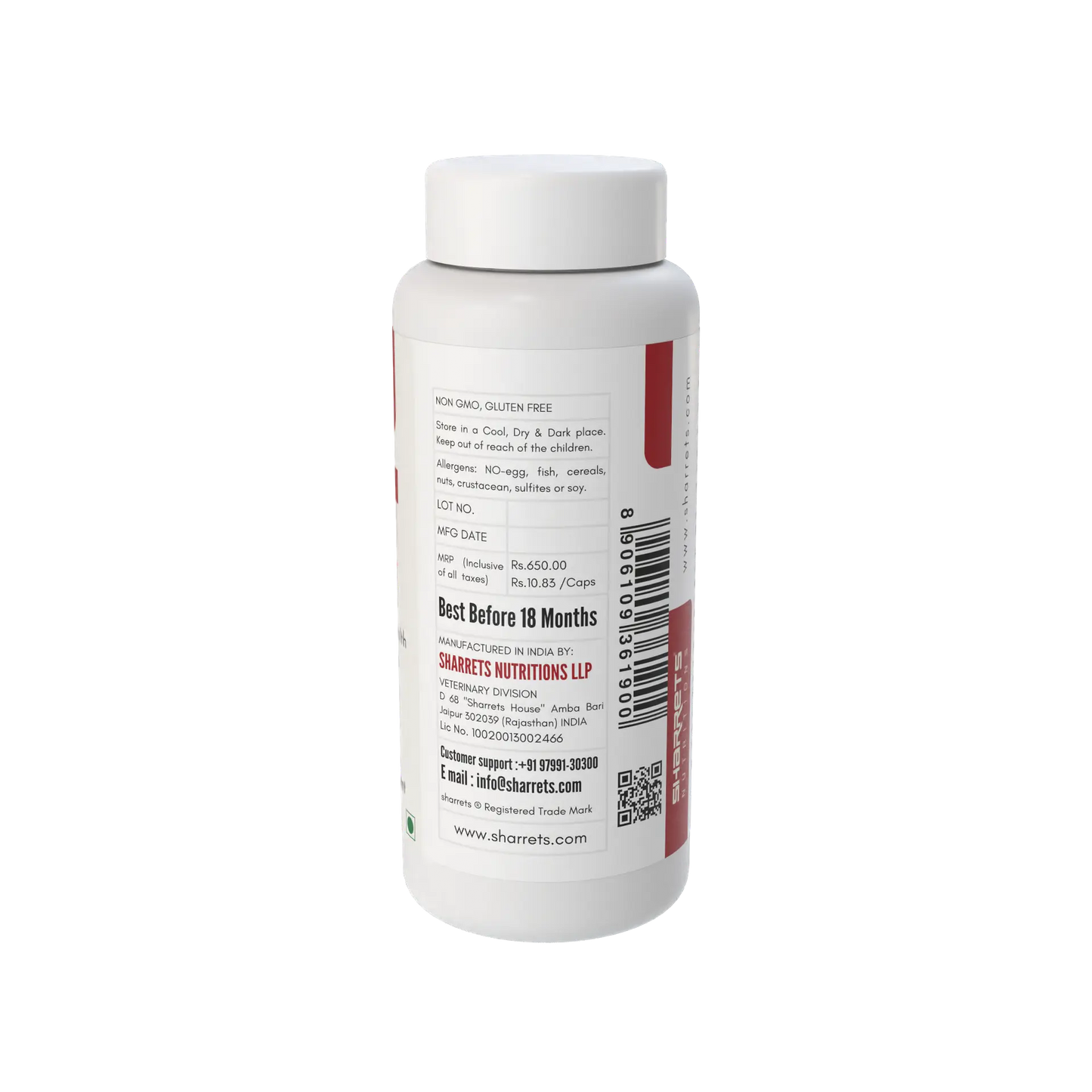 White supplement bottle with text and a barcode on a white background