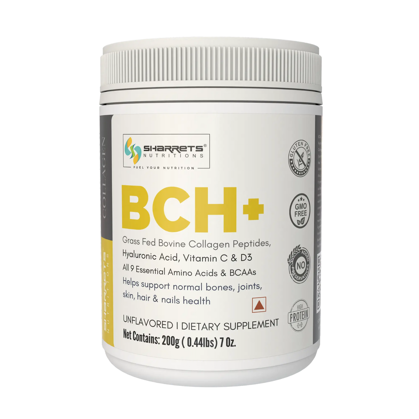 Sharrets Nutritions BCH+ unflavored dietary supplement container with bovine collagen peptides, hyaluronic acid, vitamin C and D3 on a transparent background