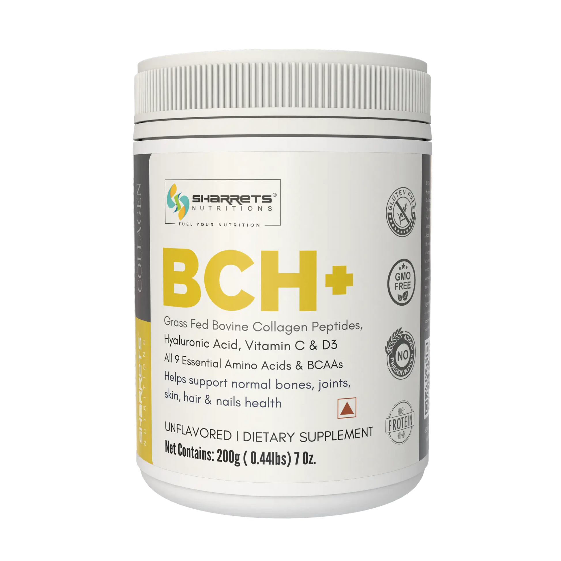 Sharrets Nutritions BCH+ unflavored dietary supplement container with bovine collagen peptides, hyaluronic acid, vitamin C and D3 on a transparent background