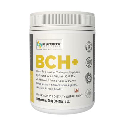 Sharrets Nutritions BCH+ unflavored dietary supplement container with bovine collagen peptides, hyaluronic acid, vitamin C and D3 on a transparent background