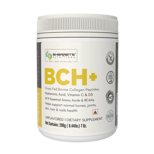 Sharrets Nutritions BCH+ unflavored dietary supplement container with bovine collagen peptides, hyaluronic acid, vitamin C and D3 on a transparent background