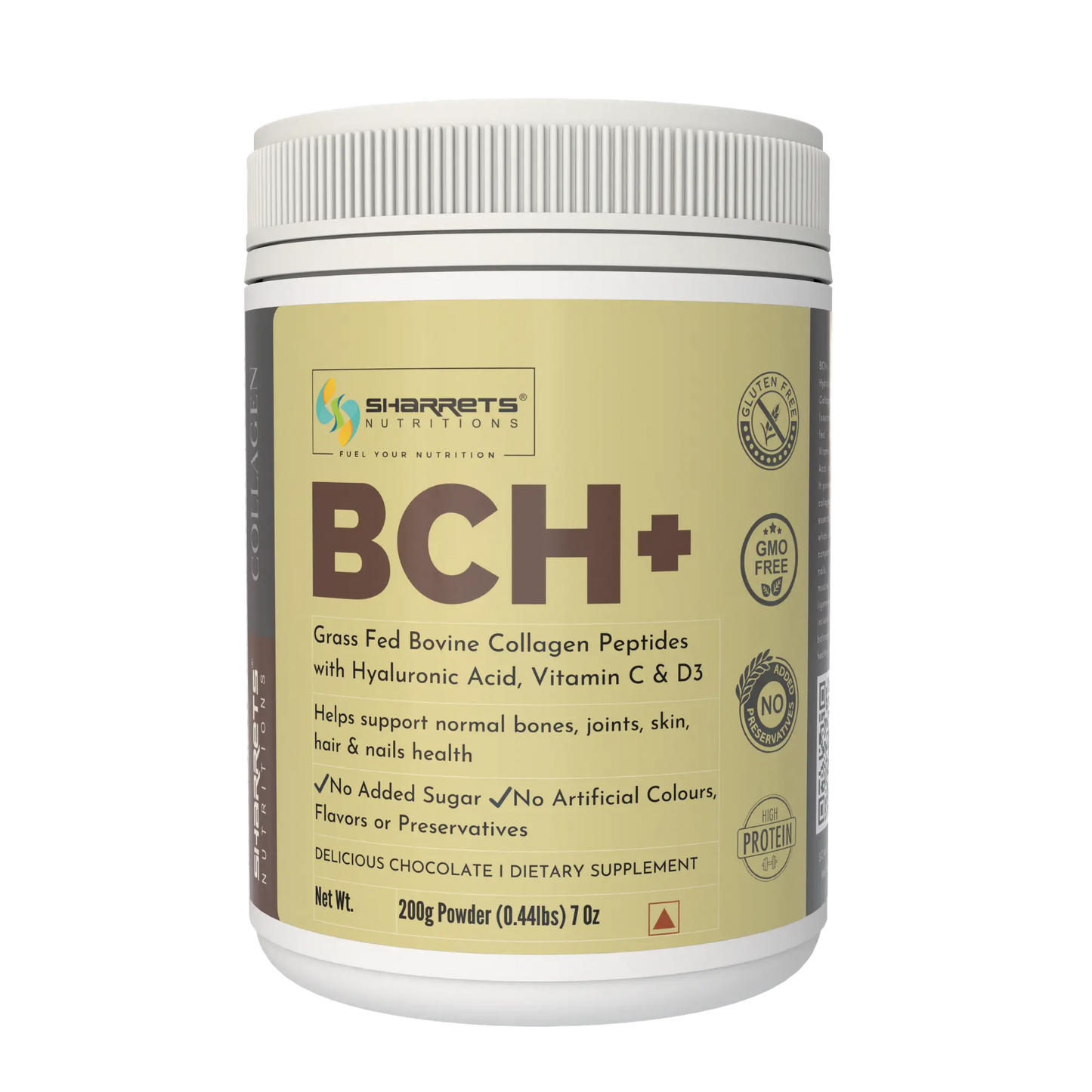 Sharrets Nutritions BCH+ chocolate flavored bovine collagen peptides supplement with hyaluronic acid, vitamin C and D3 in a 200g container on a transparent background