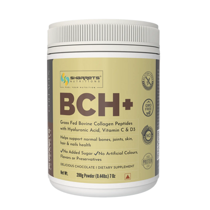 Sharrets Nutritions BCH+ chocolate flavored bovine collagen peptides supplement with hyaluronic acid, vitamin C and D3 in a 200g container on a transparent background