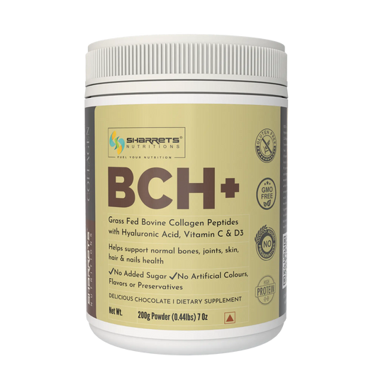 Sharrets Nutritions BCH+ chocolate flavored bovine collagen peptides supplement with hyaluronic acid, vitamin C and D3 in a 200g container on a transparent background