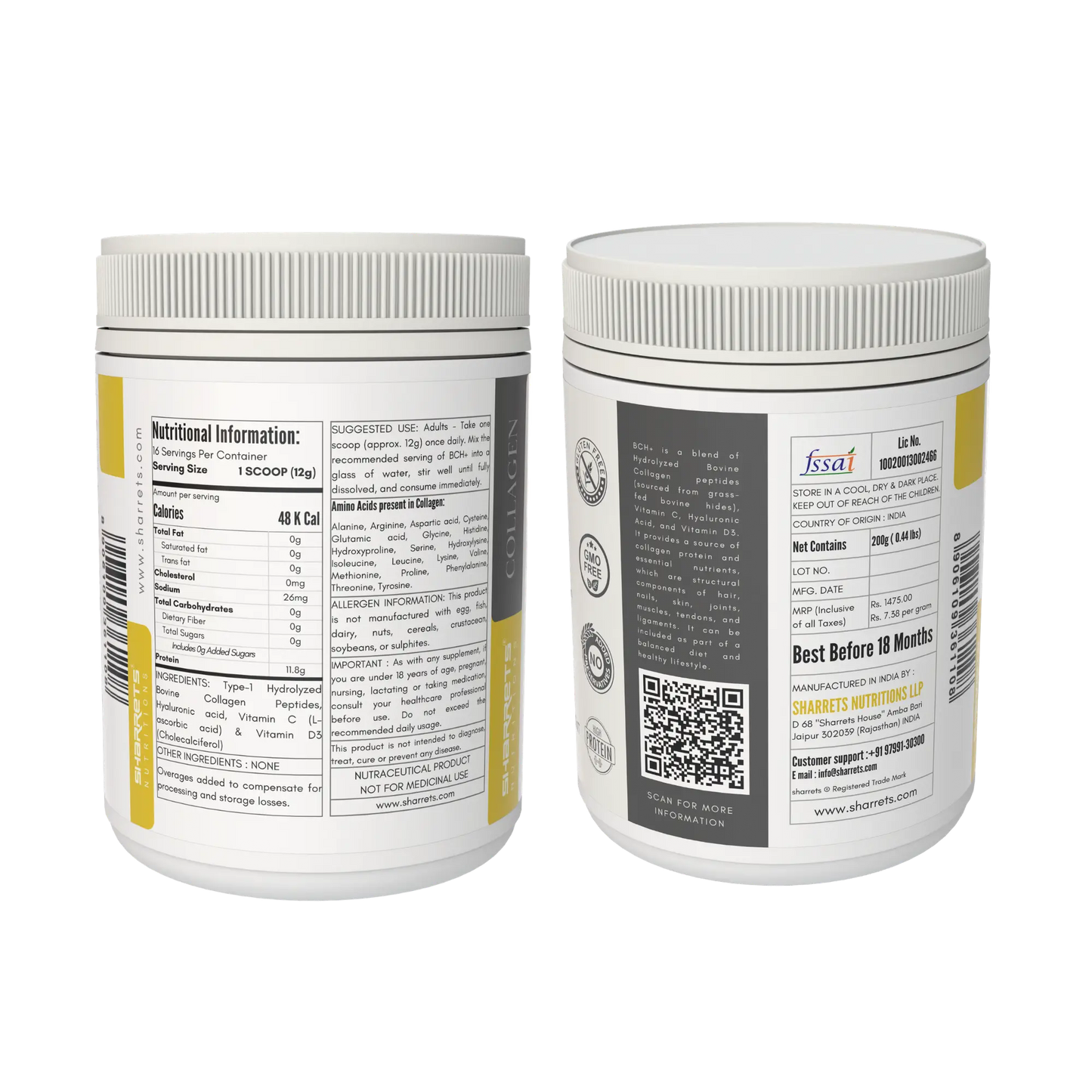 Back view of Sharrets Nutritions BCH+ bovine collagen peptides supplement containers showing nutritional information, ingredients, directions, and labeling details on a transparent background