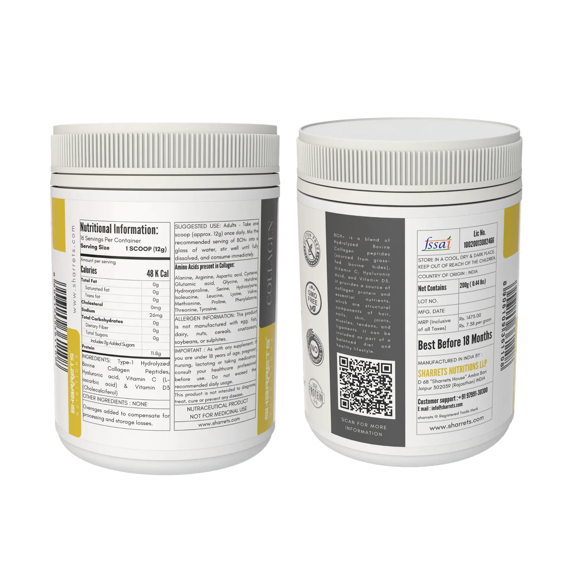 Back view of Sharrets Nutritions BCH+ bovine collagen peptides supplement containers showing nutritional information, ingredients, directions, and labeling details on a transparent background