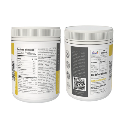 Back view of Sharrets Nutritions BCH+ bovine collagen peptides supplement containers showing nutritional information, ingredients, directions, and labeling details on a transparent background