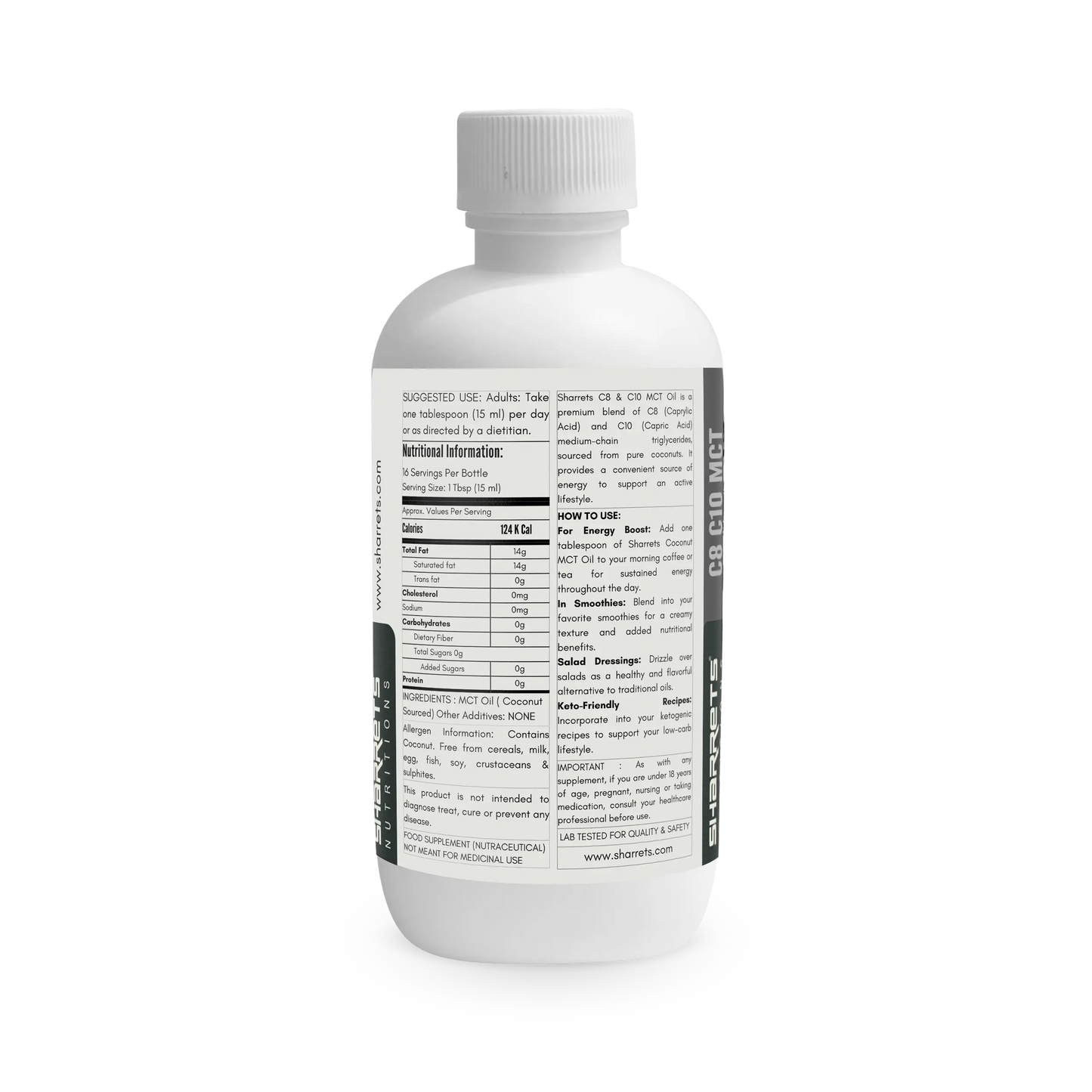 Nutrition facts and ingredients label of C8 C10 coconut derived MCT oil supplement