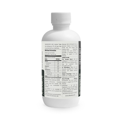 Nutrition facts and ingredients label of C8 C10 coconut derived MCT oil supplement