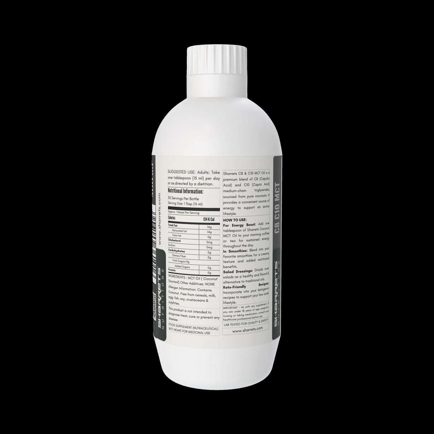Nutrition facts and ingredients label of C8 C10 coconut derived MCT oil supplement