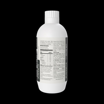 Nutrition facts and ingredients label of C8 C10 coconut derived MCT oil supplement