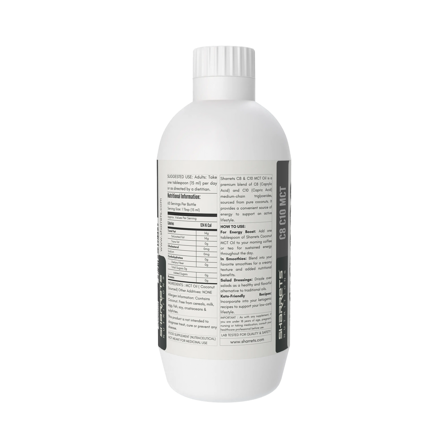 Nutrition facts and ingredients label of C8 C10 coconut derived MCT oil supplement 