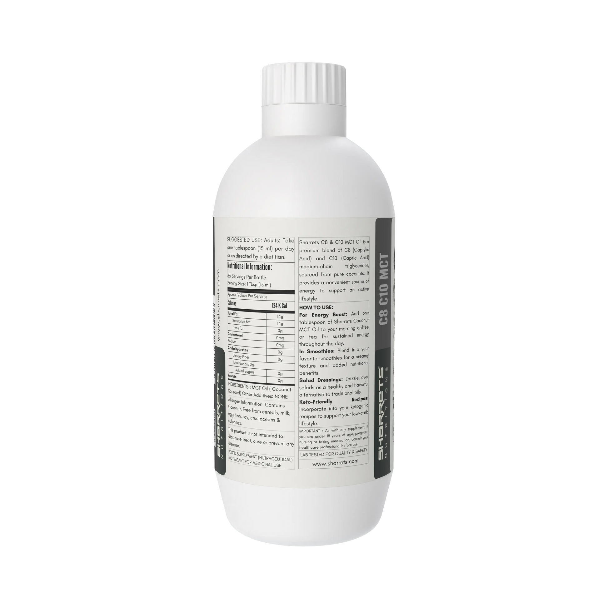 Nutrition facts and ingredients label of C8 C10 coconut derived MCT oil supplement 