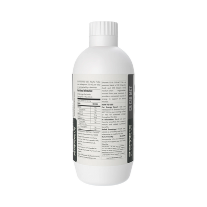 Nutrition facts and ingredients label of C8 C10 coconut derived MCT oil supplement 