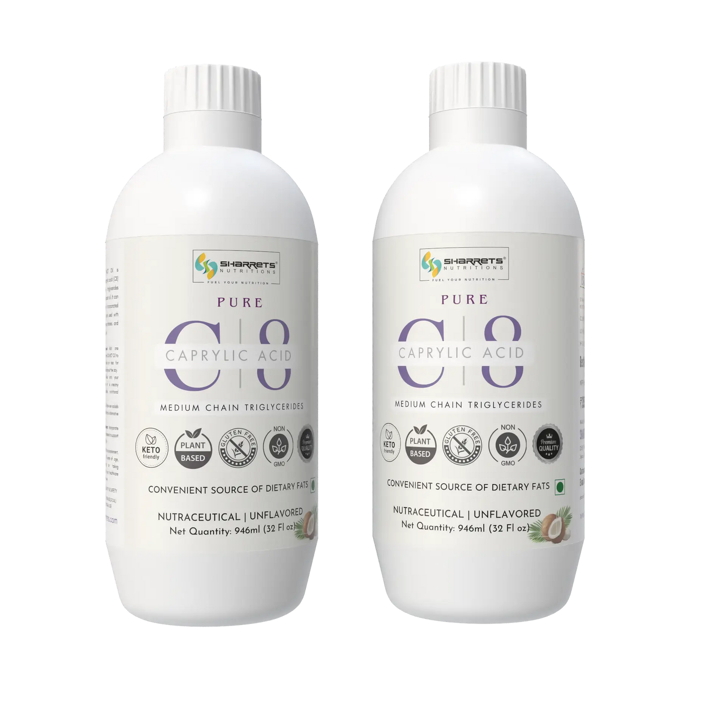 Two Bottles of Pure C8 MCT Oil (Caprylic Acid) from Coconut | Keto-Friendly| Sharrets Nutritions 