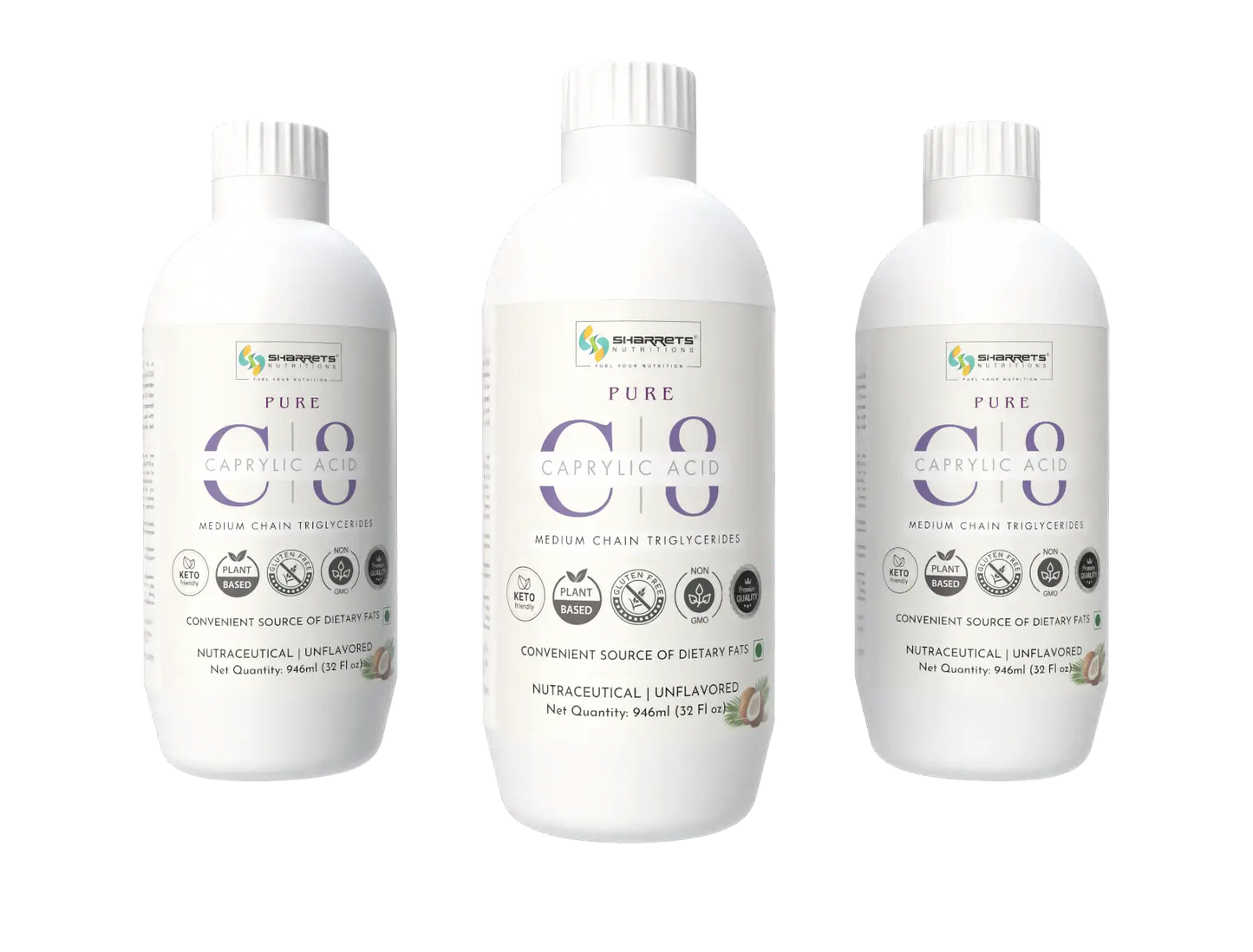 Three Bottles of Pure C8 MCT Oil (Caprylic Acid) from Coconut | Keto-Friendly| Sharrets Nutritions