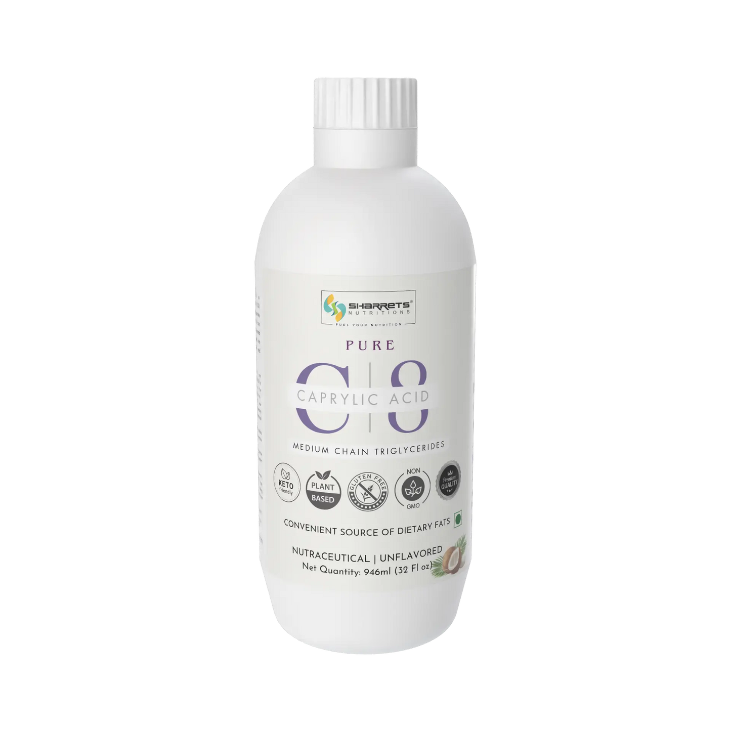 Pure C8 MCT Oil (Caprylic Acid) from Coconut | Keto-Friendly| Sharrets Nutritions - 32 oz