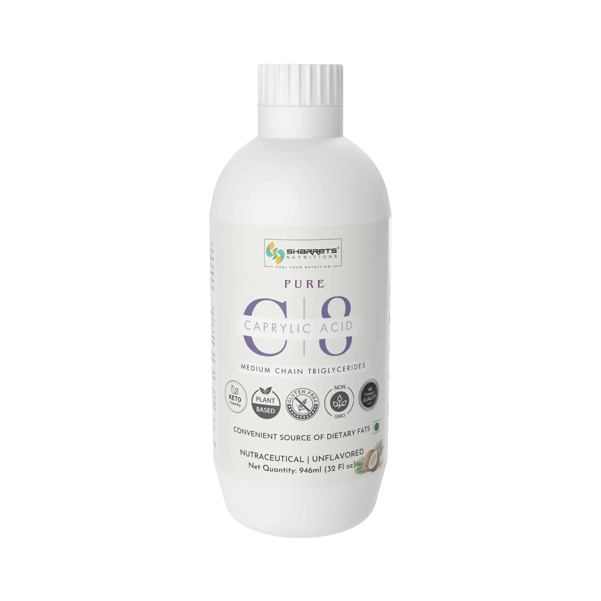 Pure C8 MCT Oil (Caprylic Acid) from Coconut | Keto-Friendly| Sharrets Nutritions - 32 oz