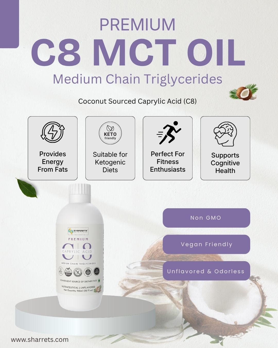 Premium C8 MCT Oil (95% C8, 5% C10) from Coconut Oil | Sharrets