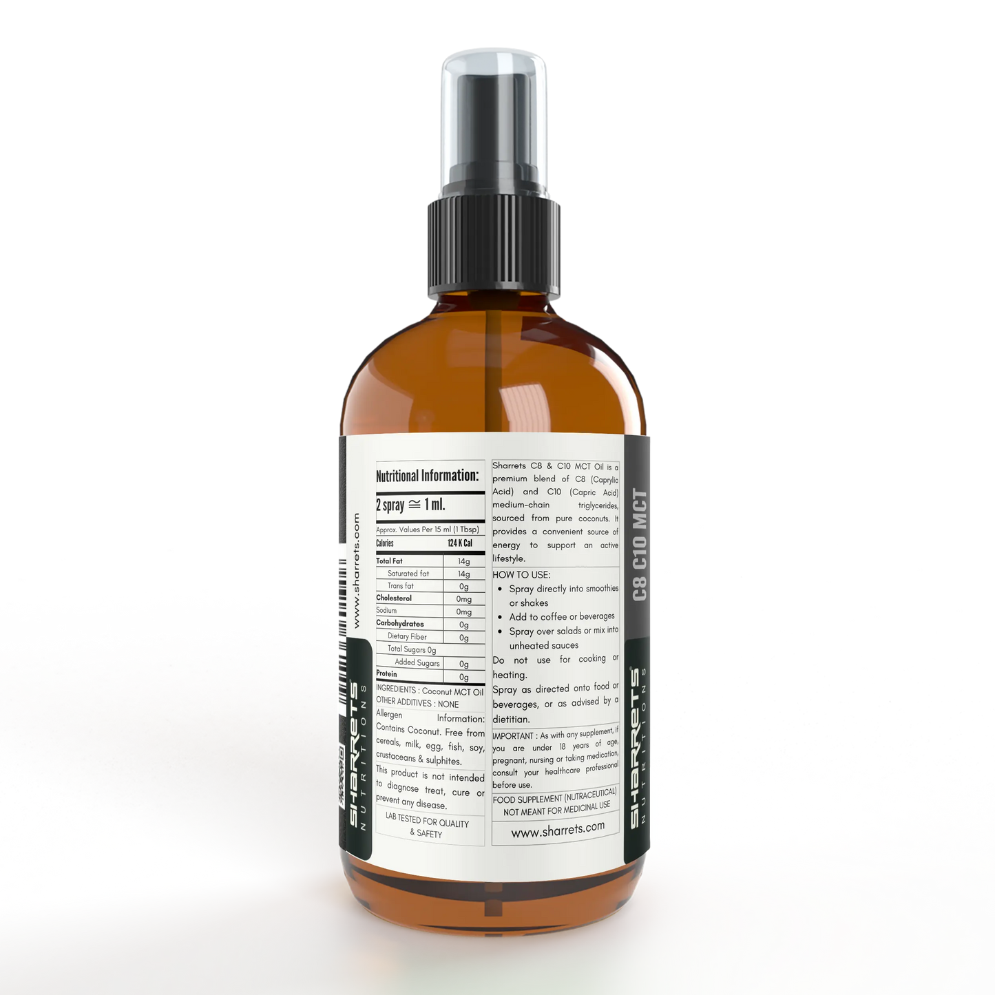 Brown spray bottle with label on a white background - sharrets c8 c10 mct oil nutritional profile
