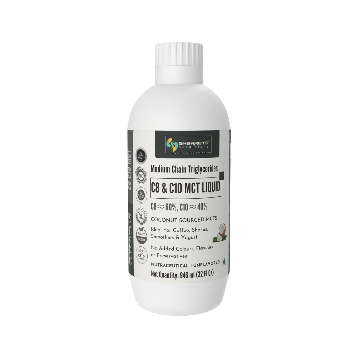 Sharrets C8 C10 MCT Oil Liquid 946 ml coconut-sourced MCT oil with approximately 60% C8 and 40% C10, unflavoured medium chain triglycerides for everyday use