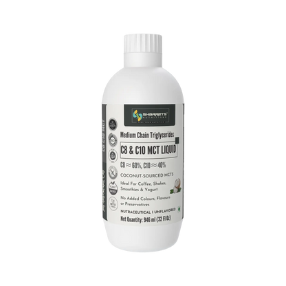 Sharrets C8 C10 MCT Oil Liquid 946 ml coconut-sourced MCT oil with approximately 60% C8 and 40% C10, unflavoured medium chain triglycerides for everyday use