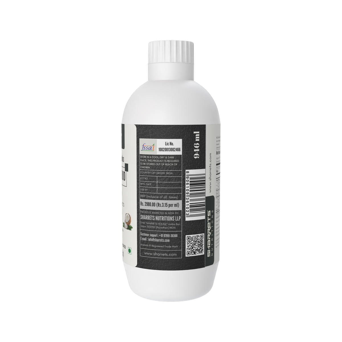 Sharrets C8 C10 MCT Oil Liquid 946 ml packaging side panel showing coconut-sourced MCT oil, approximately 60% C8 and 40% C10, unflavoured formulation
