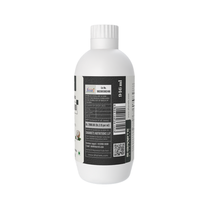 Sharrets C8 C10 MCT Oil Liquid 946 ml packaging side panel showing coconut-sourced MCT oil, approximately 60% C8 and 40% C10, unflavoured formulation