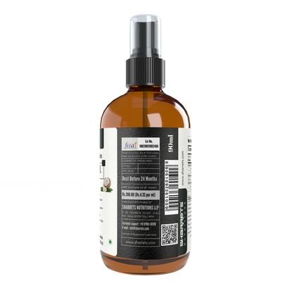 Brown spray bottle with label on a white background - sharrets c8 c10 mct oil right image