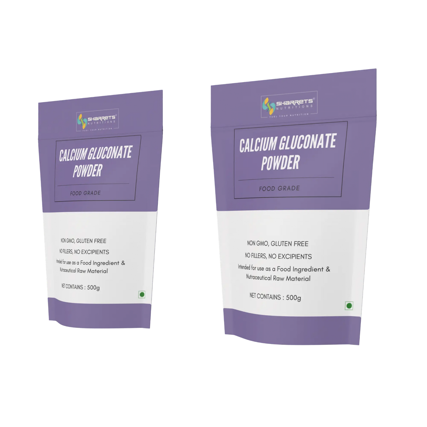 Two packages of Sharrets Calcium Gluconate Powder on a white background