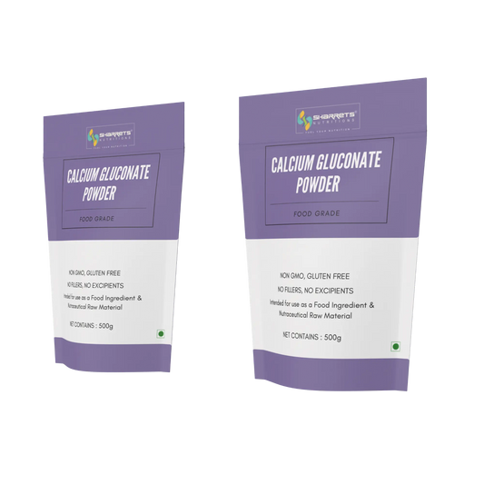 Two packages of Sharrets Calcium Gluconate Powder on a white background