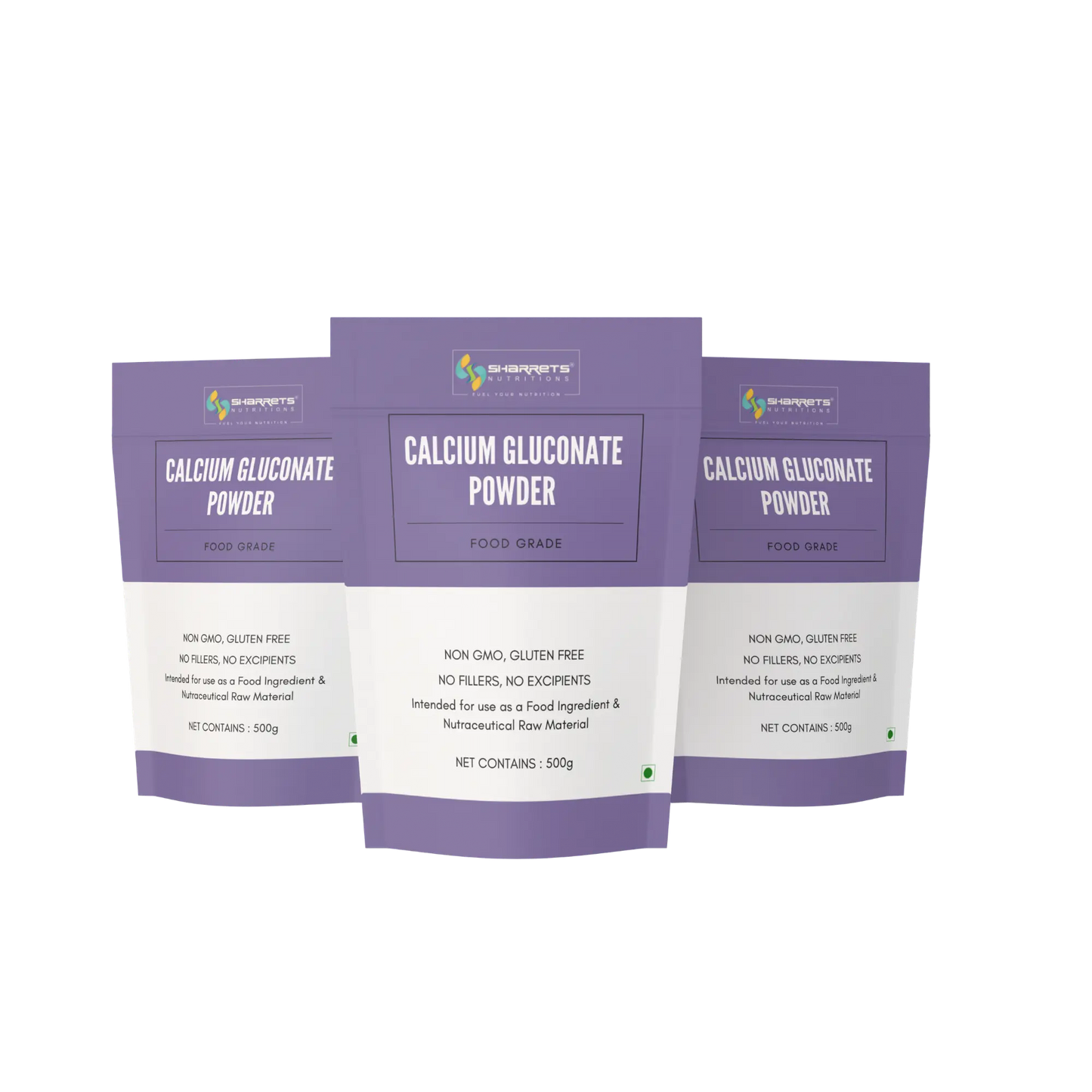 Three packages of sharrets calcium gluconate powder with purple and white labels on a white background.