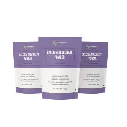 Three packages of sharrets calcium gluconate powder with purple and white labels on a white background.