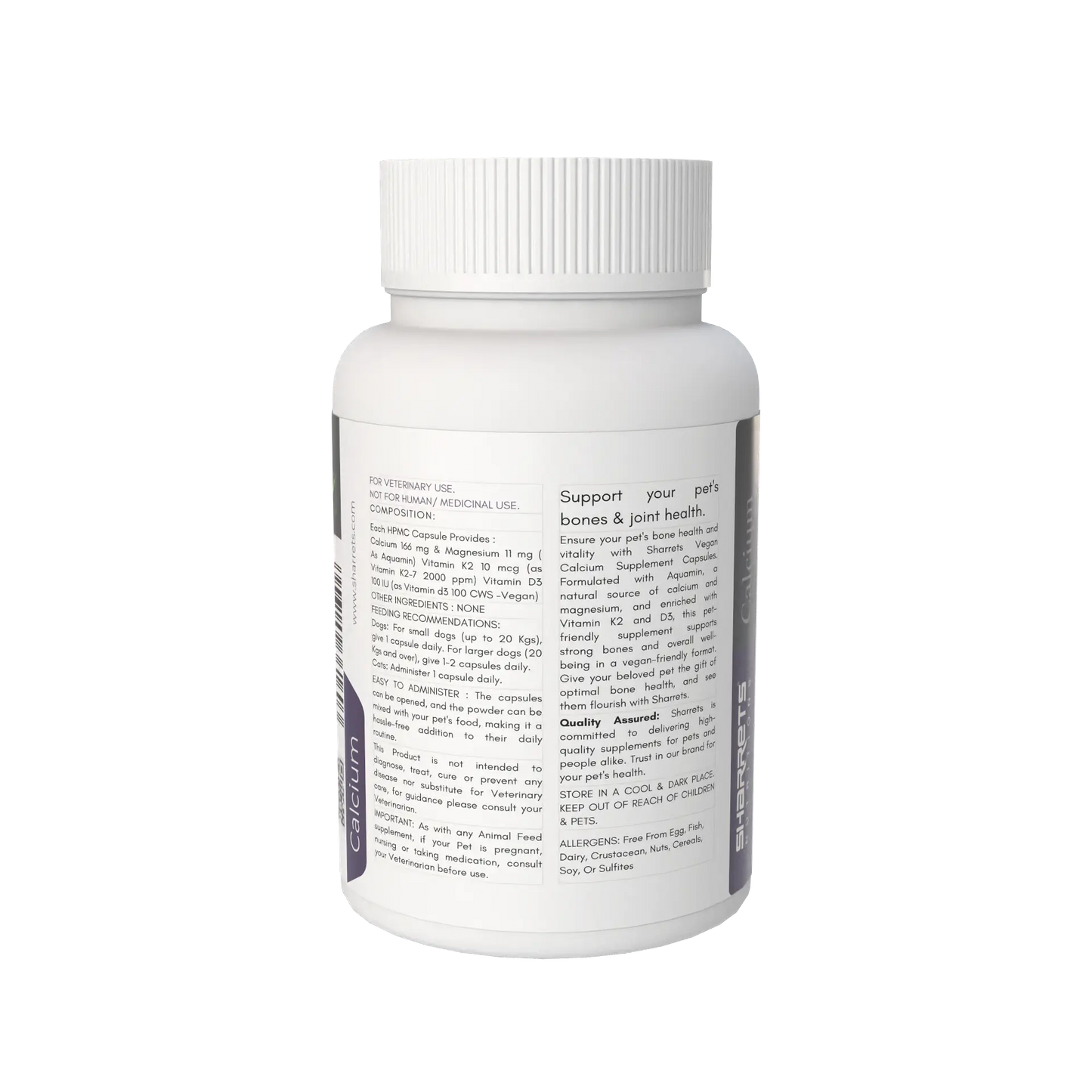 Ingredients panel of calcium supplement for dogs and cats with vitamin D3 and K2 capsules