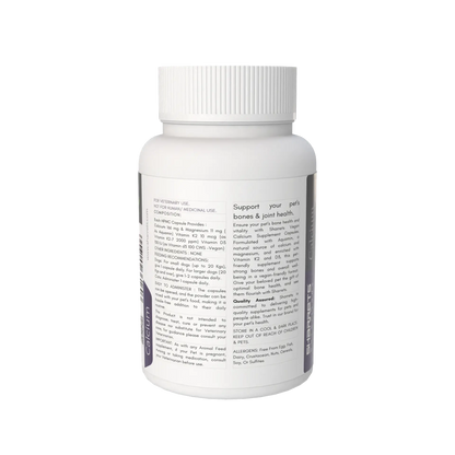 Ingredients panel of calcium supplement for dogs and cats with vitamin D3 and K2 capsules