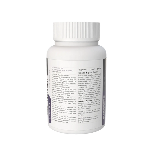 Ingredients panel of calcium supplement for dogs and cats with vitamin D3 and K2 capsules