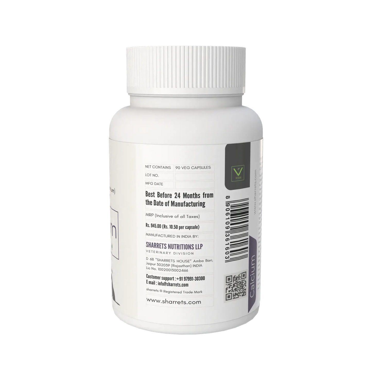 Manufacturer address and product information panel of calcium supplement for dogs and cats with D3 and K2