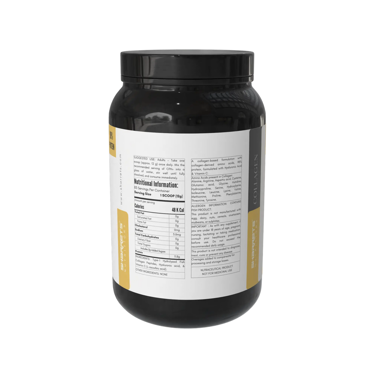 Nutritional Information of Sharrets CPH+ Marine Fish Collagen Powder (Type 1) with Hyaluronic Acid & Vitamin C – Collagen for Skin, Hair & Joints -1kg 