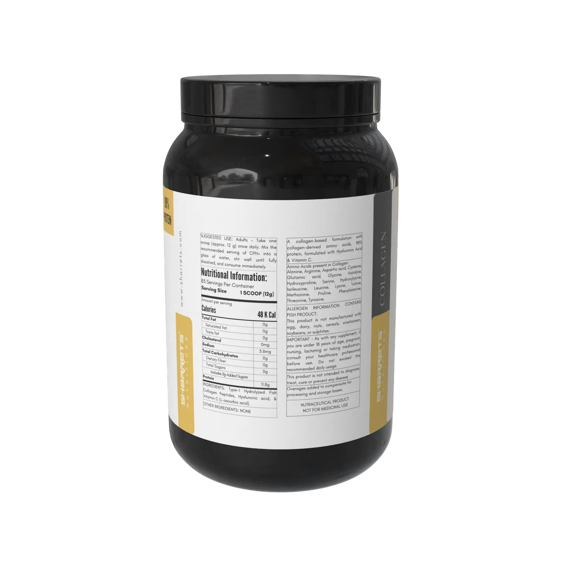 Nutritional Information of Sharrets CPH+ Marine Fish Collagen Powder (Type 1) with Hyaluronic Acid & Vitamin C – Collagen for Skin, Hair & Joints -1kg 