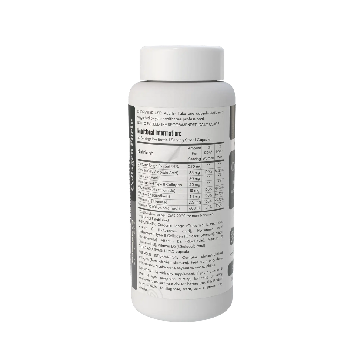 Sharrets Undenatured Type II Collagen with Curcumin, Hyaluronic Acid, Vitamin C, D3, B1, B2 & B3- Nutritional Information 