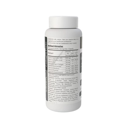 Sharrets Undenatured Type II Collagen with Curcumin, Hyaluronic Acid, Vitamin C, D3, B1, B2 & B3- Nutritional Information 