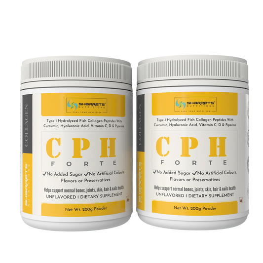 Two containers of CPH Forte marine fish collagen powder with curcumin, hyaluronic acid, vitamin C and vitamin D3 supplement 200g India