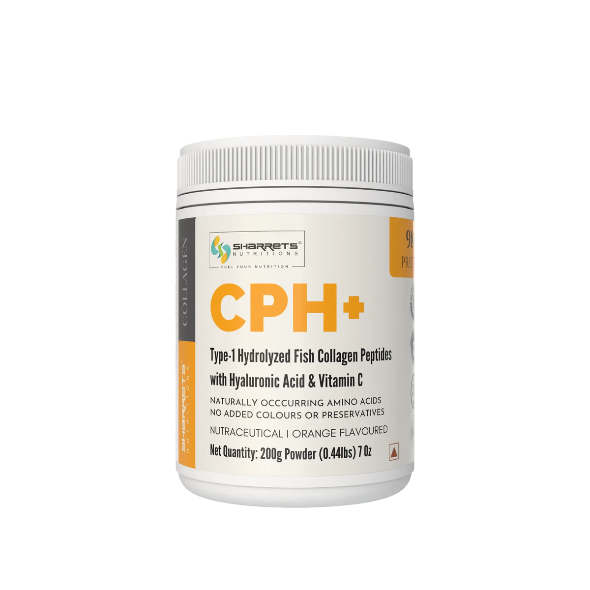 CPH+ orange flavoured hydrolyzed fish collagen peptides with hyaluronic acid and vitamin C – Sharrets Nutritions 200g