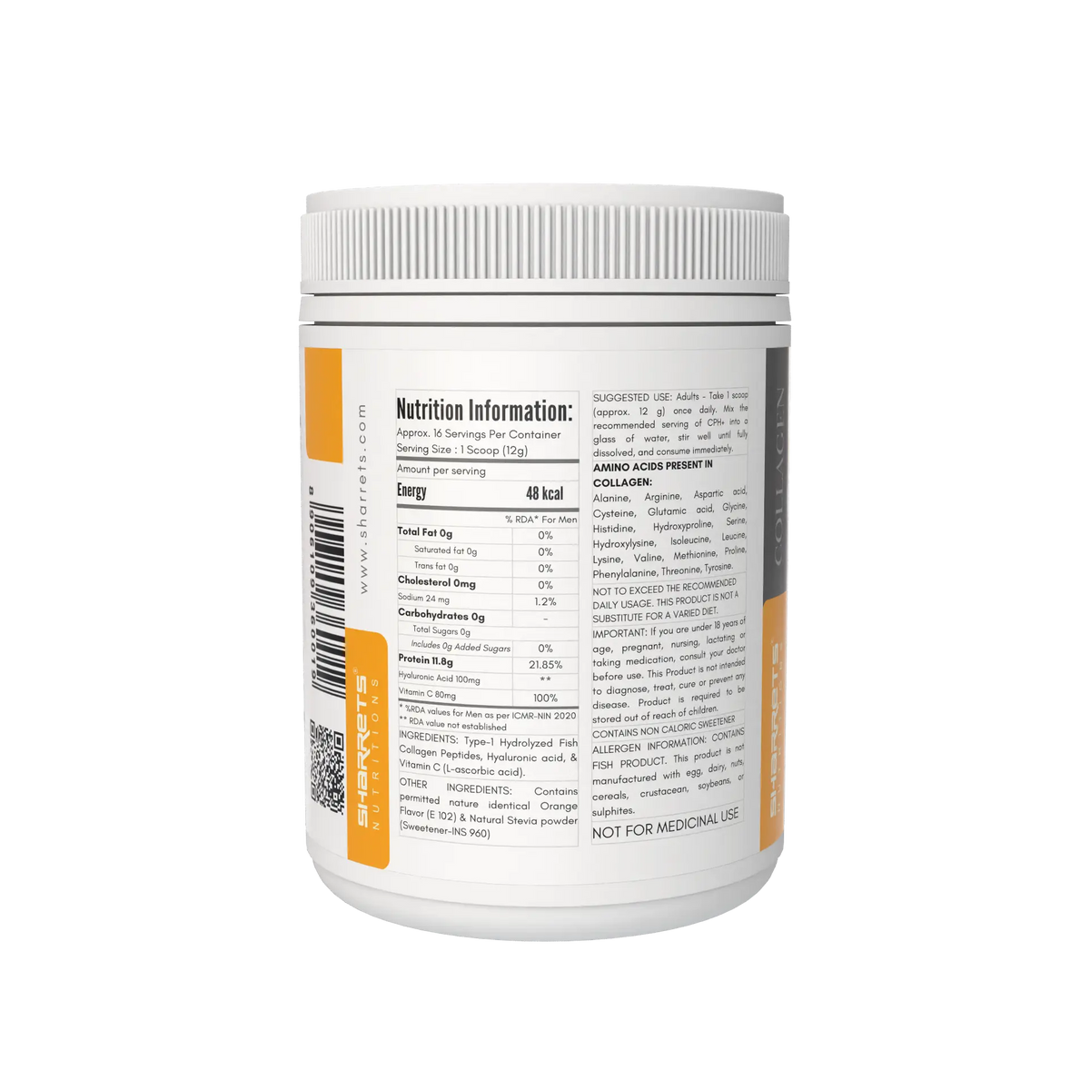 Sharrets CPH+ collagen powder nutrition label showing 12g serving, 11.8g protein and 80mg vitamin C