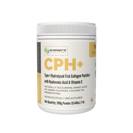 Sharrets CPH+ unflavoured Type-1 hydrolyzed fish collagen peptides with hyaluronic acid and vitamin C – 200g collagen powder