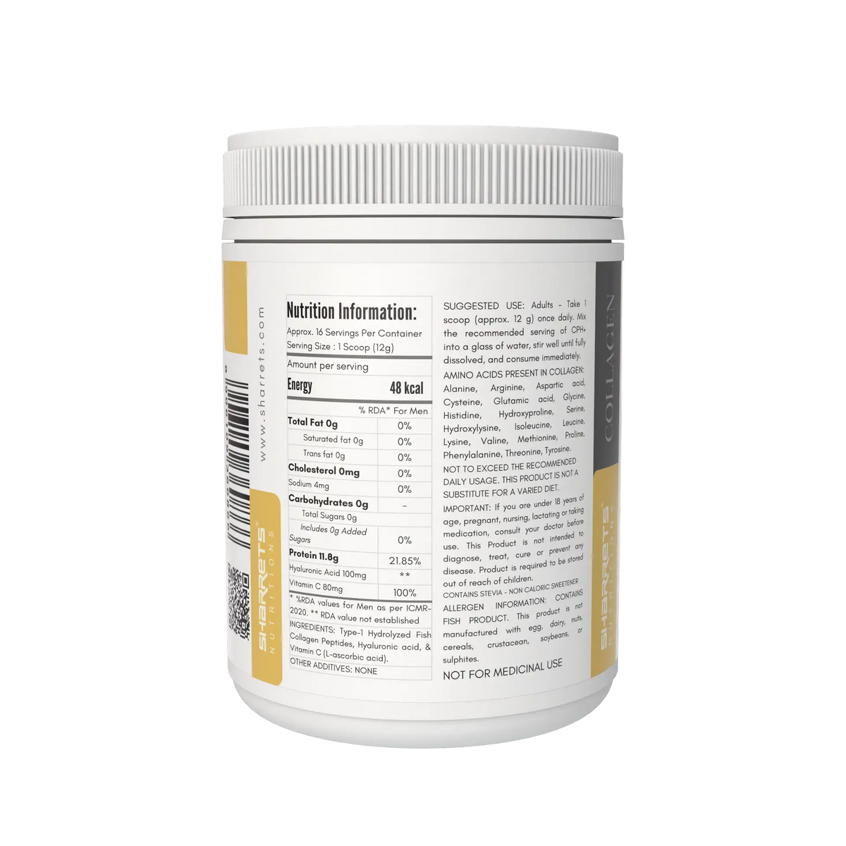 Sharrets CPH+ collagen powder nutrition label showing 12g serving, 11.8g protein and 80mg vitamin C