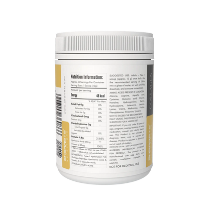 Sharrets CPH+ collagen powder nutrition label showing 12g serving, 11.8g protein and 80mg vitamin C